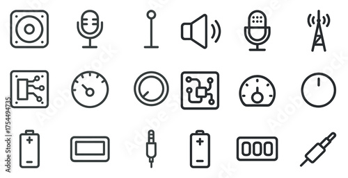 Audio and technology line icons set – outline, linear, music and sound symbols