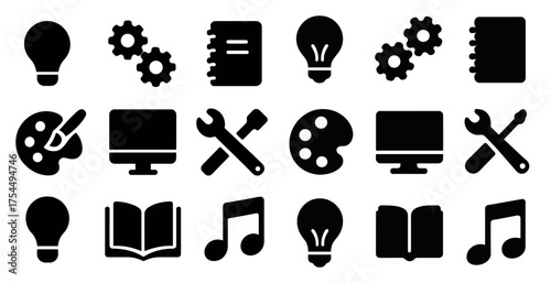 Creative tools and ideas solid icons set – design, technology, inspiration symbols