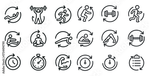 Fitness and exercise outline icons set – workout, training, gym symbols