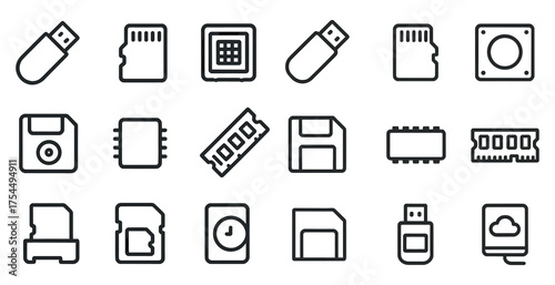 Computer and electronics icons set – outline, linear, tech and device symbols