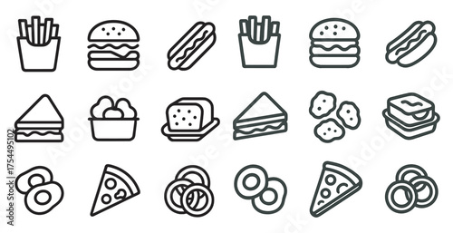 Fast food outline icons set – burgers, fries, snacks, meal symbols