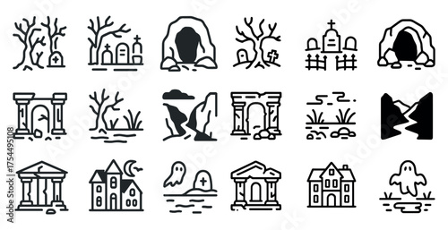 Haunted halloween outline icons set – spooky, eerie, ghostly symbols for design