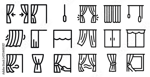 Curtain and blinds outline icons set – silhouette, linear, window coverings design