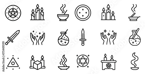 Mystical and spiritual outline icons set – magic, esoteric, and occult symbols