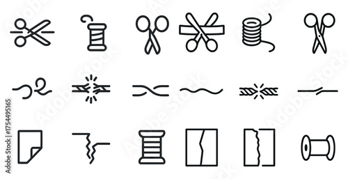 Sewing and tailoring line icons set – outline, thread, stitching symbols