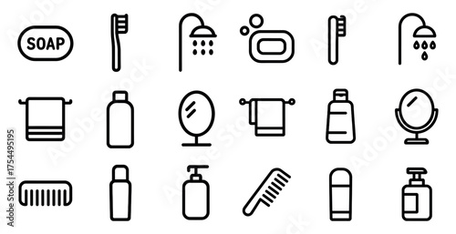 Bathroom and hygiene outline icons set – linear, grooming, personal care essentials