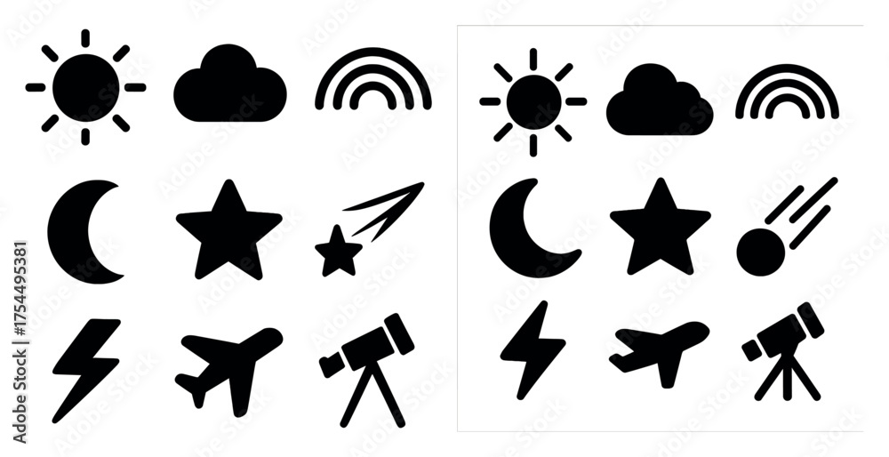Fototapeta premium Weather and night sky icons set – silhouette, celestial, meteorological symbols