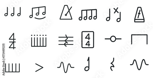 Music and rhythm outline icons set – linear, definitive, tempo and melody symbols