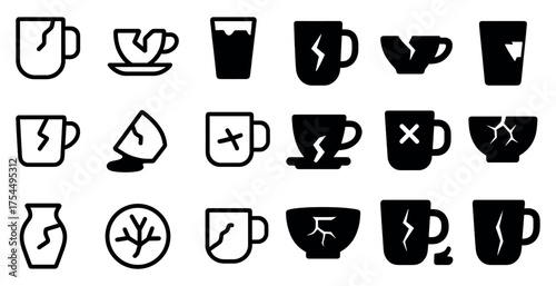 Broken dishes silhouette icons set – cracked, kitchen, damaged crockery symbols