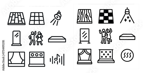 Dance and nightlife outline icons set – linear, silhouette, party and celebration symbols