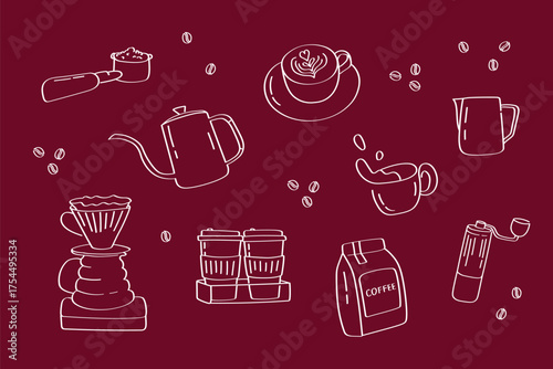 Coffee brewing doodle set for cafe posters, coffee packaging and barista education. suitable for barista courses, cafe menu design, branding for coffee roasters, or packaging design.