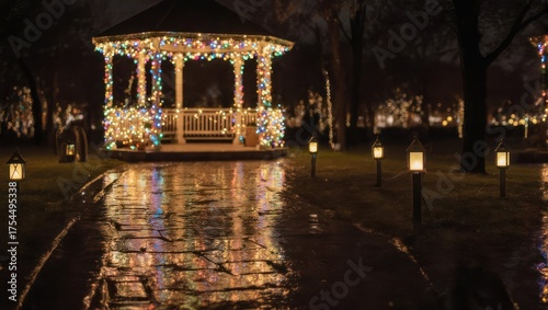 Gazebo Aglow - A Nighttime Holiday Scene Reflected in Water.
