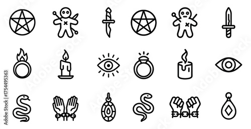 Magic and occult outline icons set – linear, mystical, witchcraft symbols