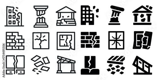 Earthquake damage solid icons set – filled, disaster, building collapse symbols