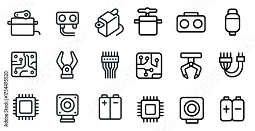 Electrical engineering outline icons set – circuit, component, technology symbols