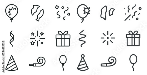 Celebration and party icons set – outline, gift, festive symbols and decorations
