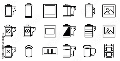 Photography and camera icons set – outline, linear, film and picture symbols