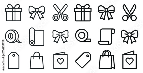 Gift and craft linear icons set – outline, wrapping, present and packaging symbols