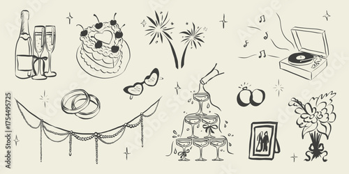 Whimsical coquette wedding elements. Vintage cute symbols with ribbon and bow in simple chalk sketch style. Trendy art for Valentine day and bachelorette invitations. Doodle vector illustration
