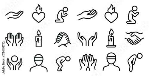 Faith and worship line icons set – outline, prayer, spiritual symbols collection
