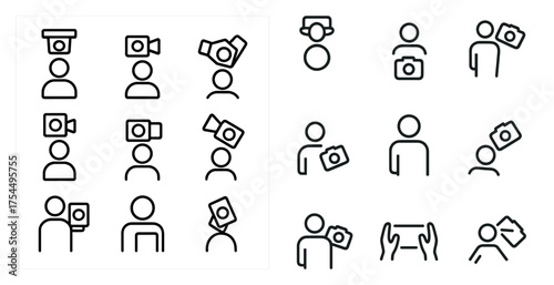 Photography and videography outline icons set – camera, media, recording