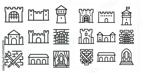 Medieval castles outline icons set: fortress, historic architecture, line symbols