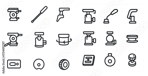 Industrial tools outline icons set – line, equipment, machinery symbols