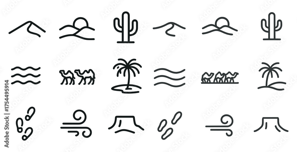 Naklejka premium Desert and nature outline icons set – cactus, landscape, wind symbols in line style