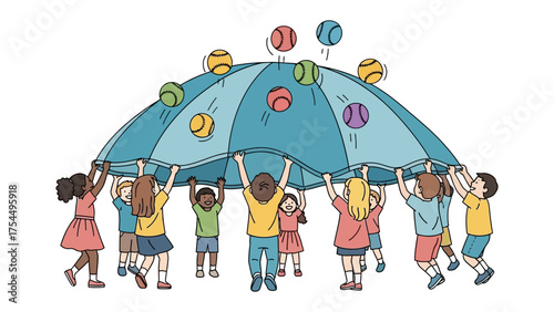 Joyful Playtime: A group of children is immersed in a lively game, working together under a colorful parachute, with balls playfully bouncing above.
