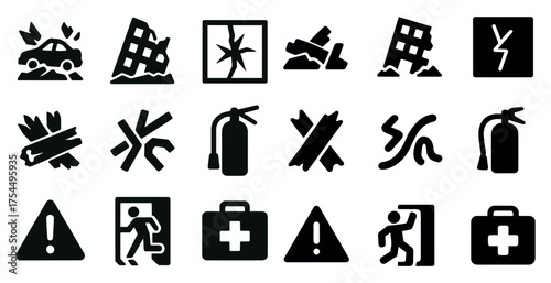 Emergency and safety solid icons set – filled, hazard, warning symbols
