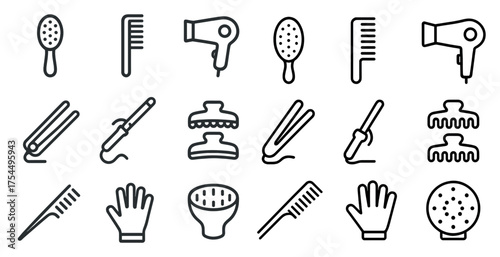 Hair styling tools icons set – outline, hairdryer, comb and style essentials