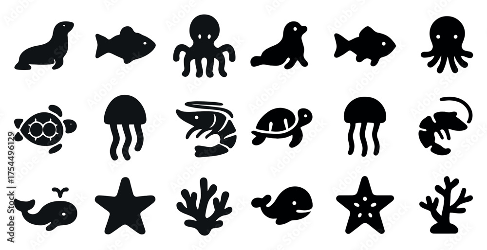 Naklejka premium Marine life silhouette icons set – solid, filled, ocean and aquatic symbols