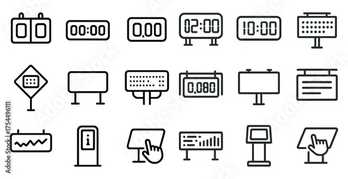 Digital display and signage outline icons set – flat, electronic, information symbols