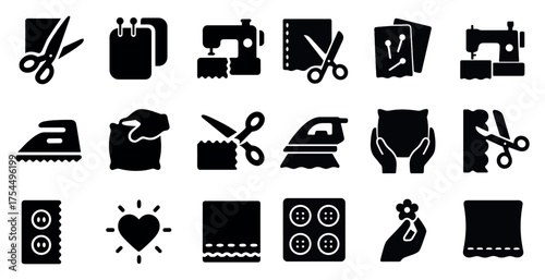 Sewing activities solid icons set – filled, crafting and tailoring symbols