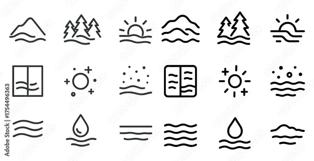 Naklejka premium Nature outline icons set – flat, silhouette, natural elements and scenery symbols