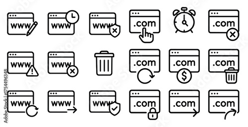 Web domain management icons set – outline, linear, internet and url symbols