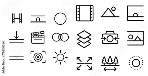 Filmmaking and photography line icons set – outline, flat, media production symbols