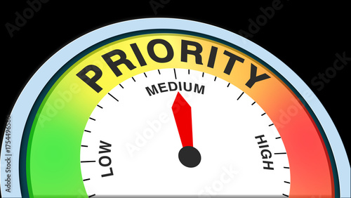 Photos Priority medium, text level concept illustration with barometer or tachometer meter on black background