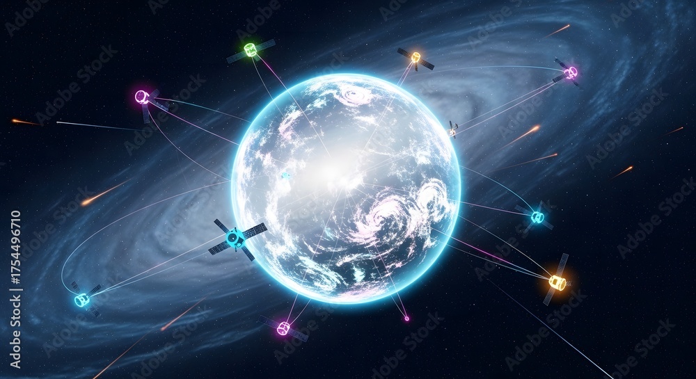 Obraz premium Satellites orbiting a glowing planet in a spiral galaxy