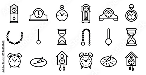 Clock and time linear icons set – outline, silhouette, watch and hour symbols