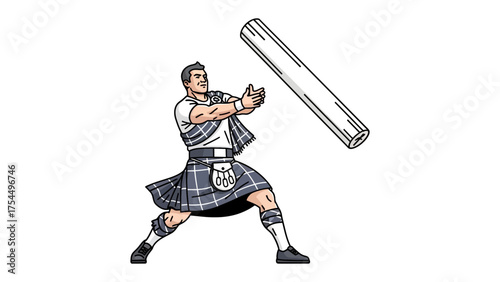 Tossing the Caber: A lone athlete, clad in traditional attire, demonstrates the powerful athletic feat of tossing a heavy caber, against a background of heritage and strength.