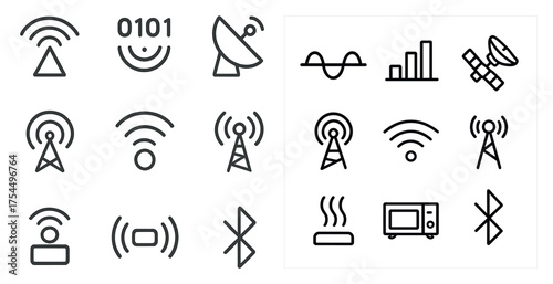 Communication and connectivity outline icons set – linear, network, signal symbols