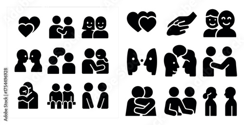 Social interaction silhouette icons set – communication, connection, relationship symbols