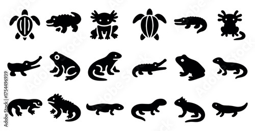 Aquatic animals silhouette icons set - marine, amphibian, sea life collection