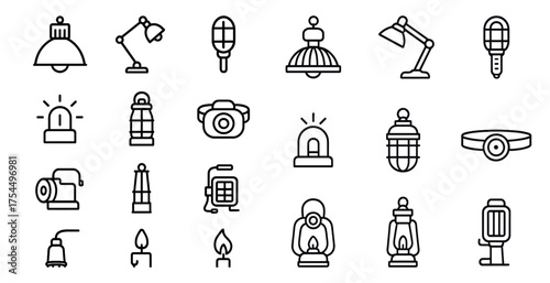 Home lighting outline icons set – flat, linear, light and lamp designs
