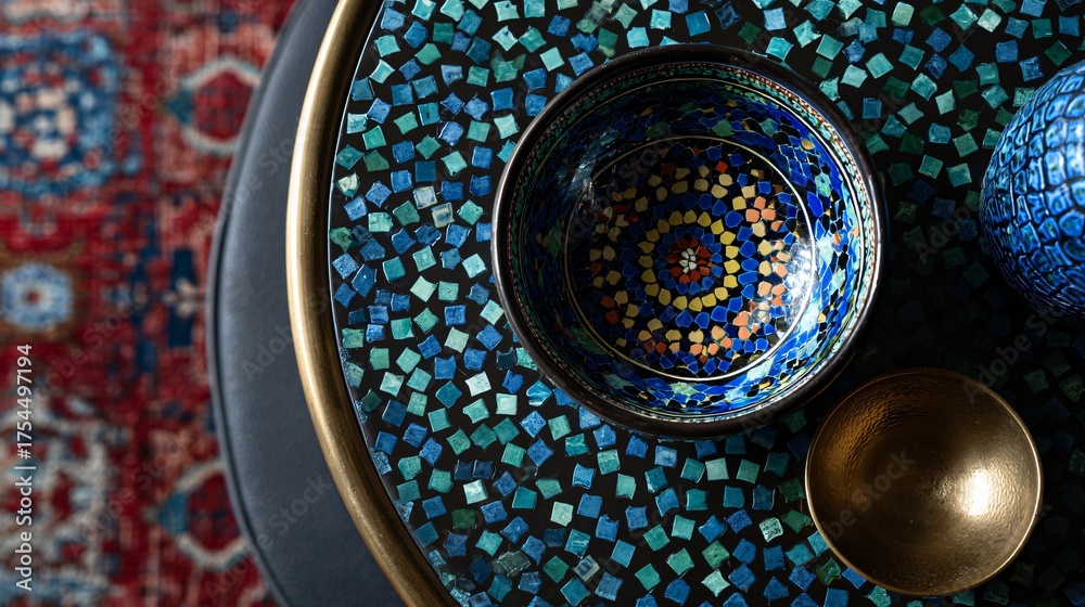 Turkish mosaic bowl placed on Nordic coffee table, overhead view