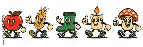 Cute autumn retro cartoon mascot characters walking together, vintage thanksgiving illustration with apple, corn, boot and mushroom