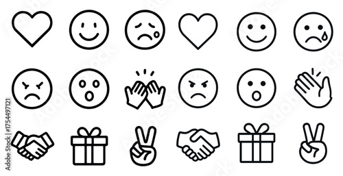Emoji and feelings outline icons set – linear, emotions, expression symbols