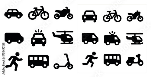 Transportation silhouette icons set – solid, outline, vehicle and travel symbols