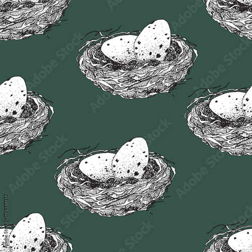 Spring seamless pattern with Bird nest with eggs. Easter hand drawn vector illustration, holiday design.